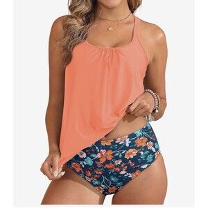 Tempt Me Blouson Two Piece Tankini Swimsuit Tummy Control orange floral size L